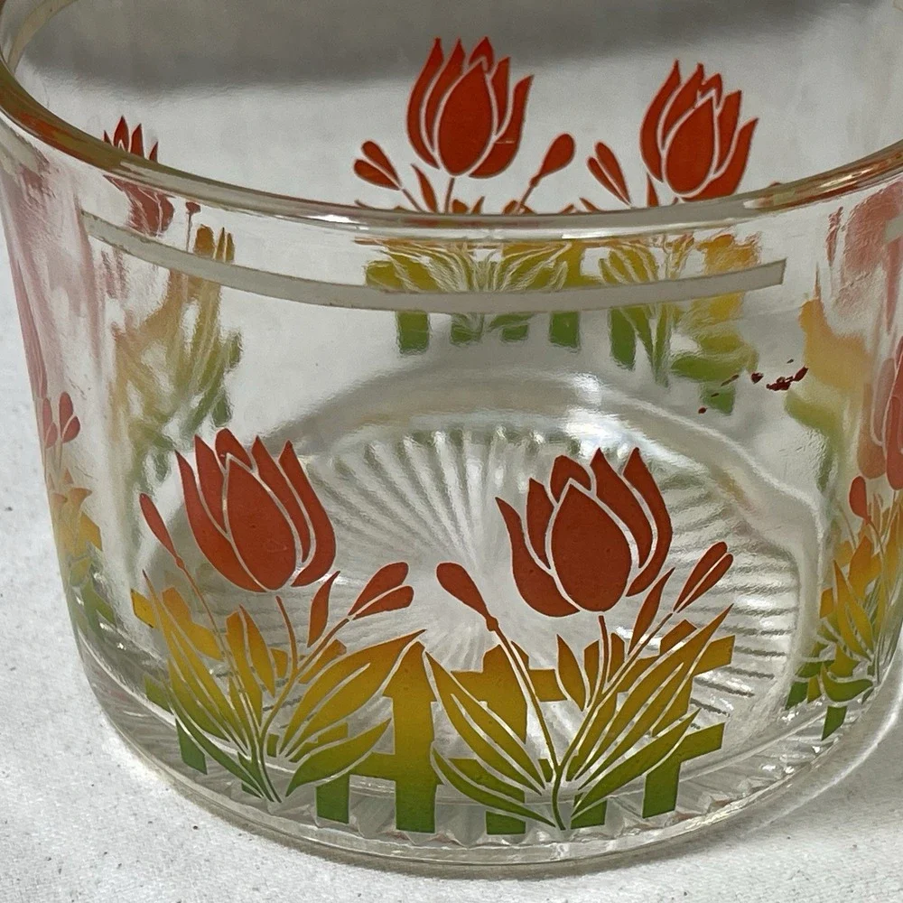 VTG‎ MCM Retro Glass Barware Ice Bucket Bowl Orange Red Yellow Tulip Flower RARE